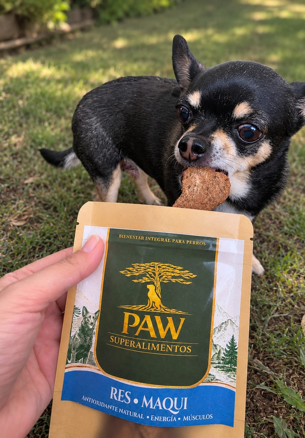 Perro probando un snack PAW